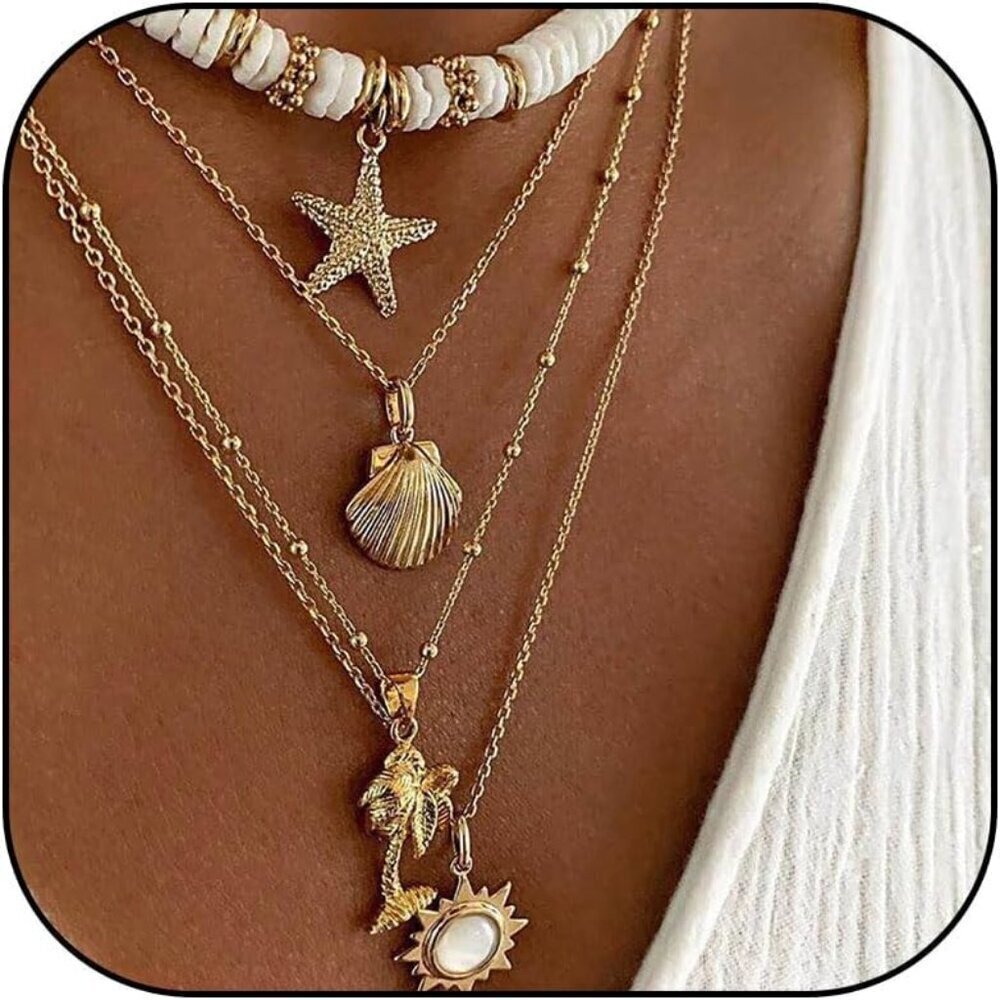 🆕 Women Gold Puka Shell Necklace Boho Layered Starfish Beaded Choker Jewelry